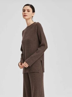 NAP Loungewear 100% Cashmere Rib Knit Crew Neck Brown Sweater, Size Medium